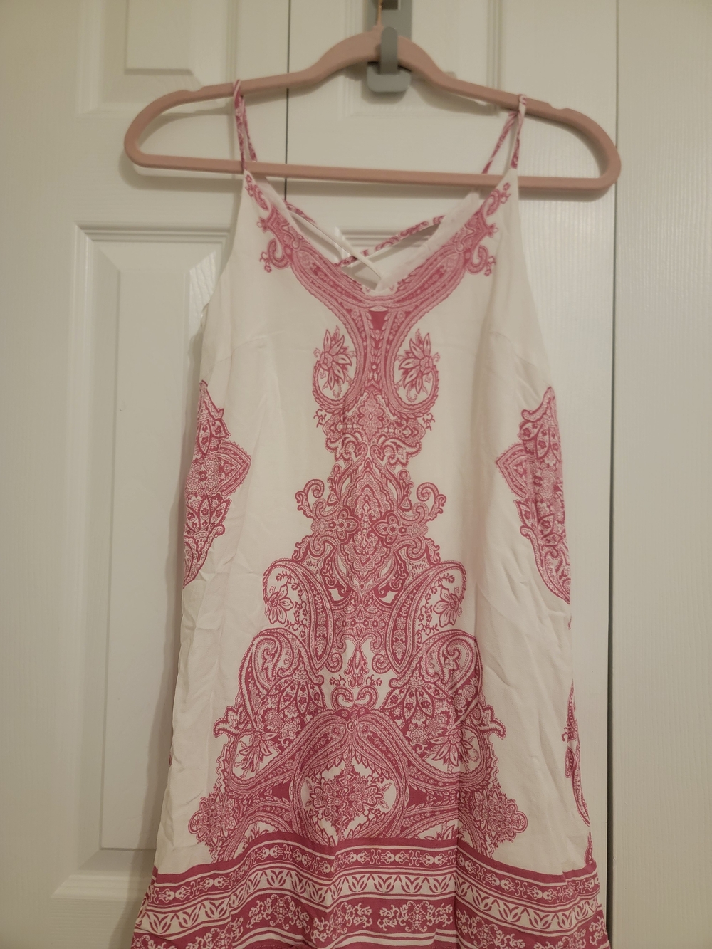 Spaghetti-Strap White Mini Dress with Pink Paisley Detail